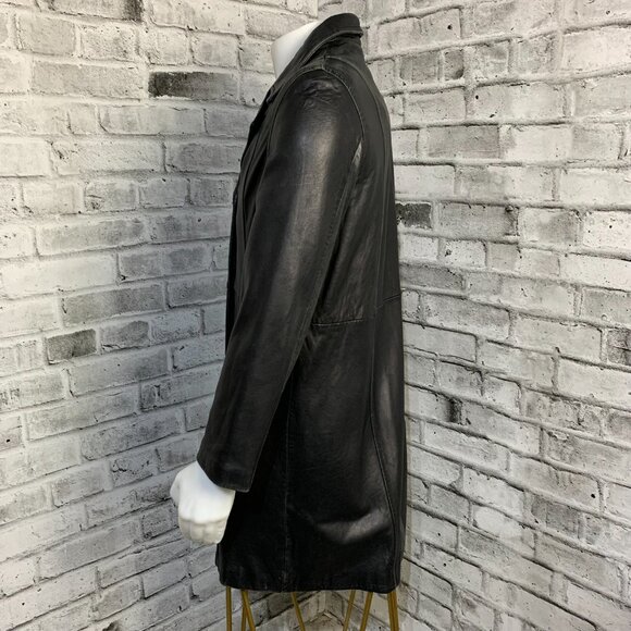 Vintage 90s Danier Black Leather Blazer Trench Coat Overcoat Longline Jacket - Picture 6 of 16